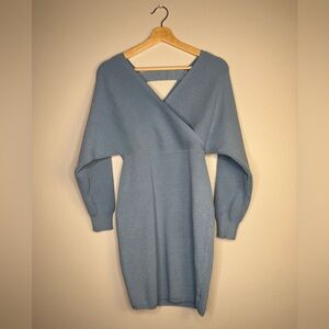 Ribbed wrap-style sweater dress in dusty blue